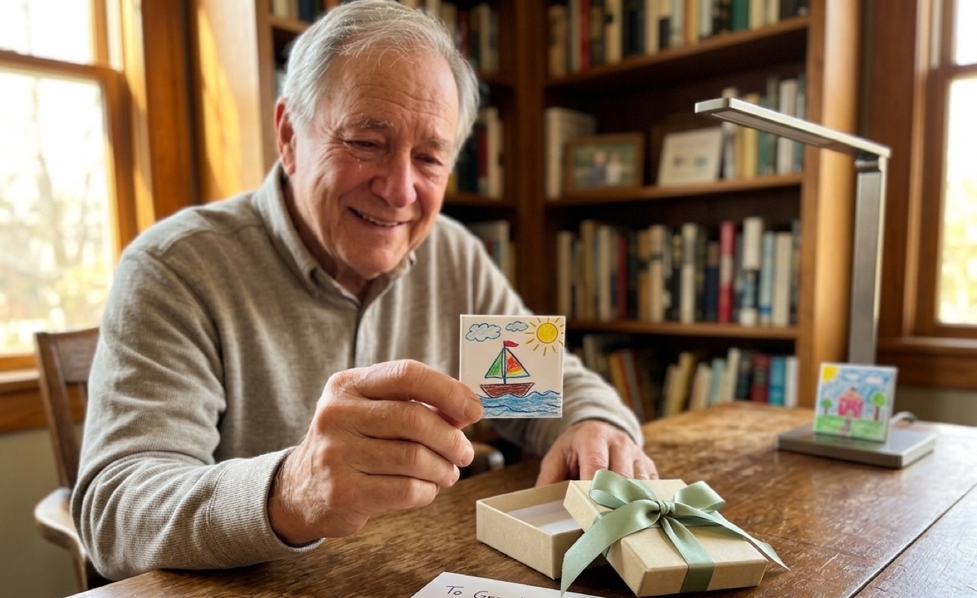 A grandfather smiling as he lifts a magnet of his grandchild's sailboat drawing out of a ribboned gift box.