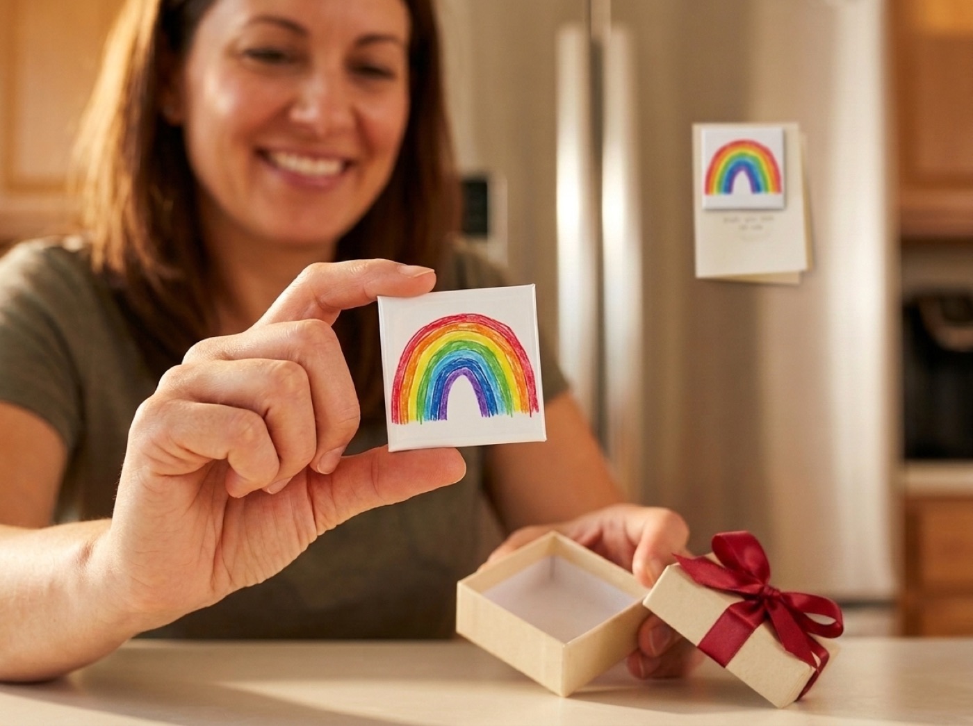 A mom opening a small gift box holding a glossy magnet of her child's rainbow drawing.