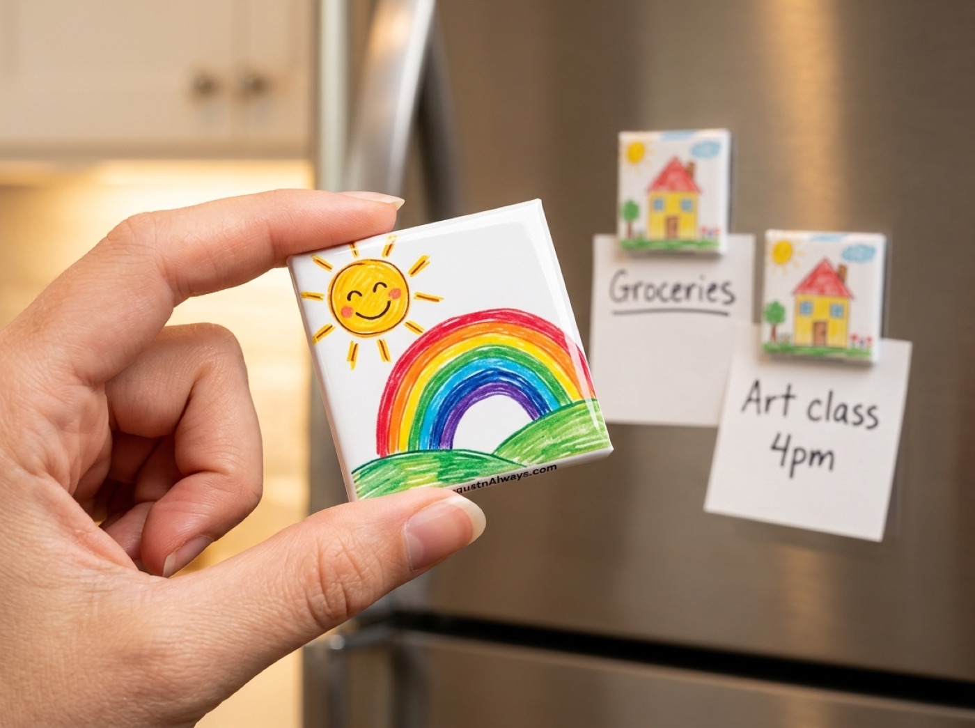 A hand holding a finished 2-inch magnet of a child's sun-and-rainbow drawing in front of a refrigerator where matching magnets hold notes.