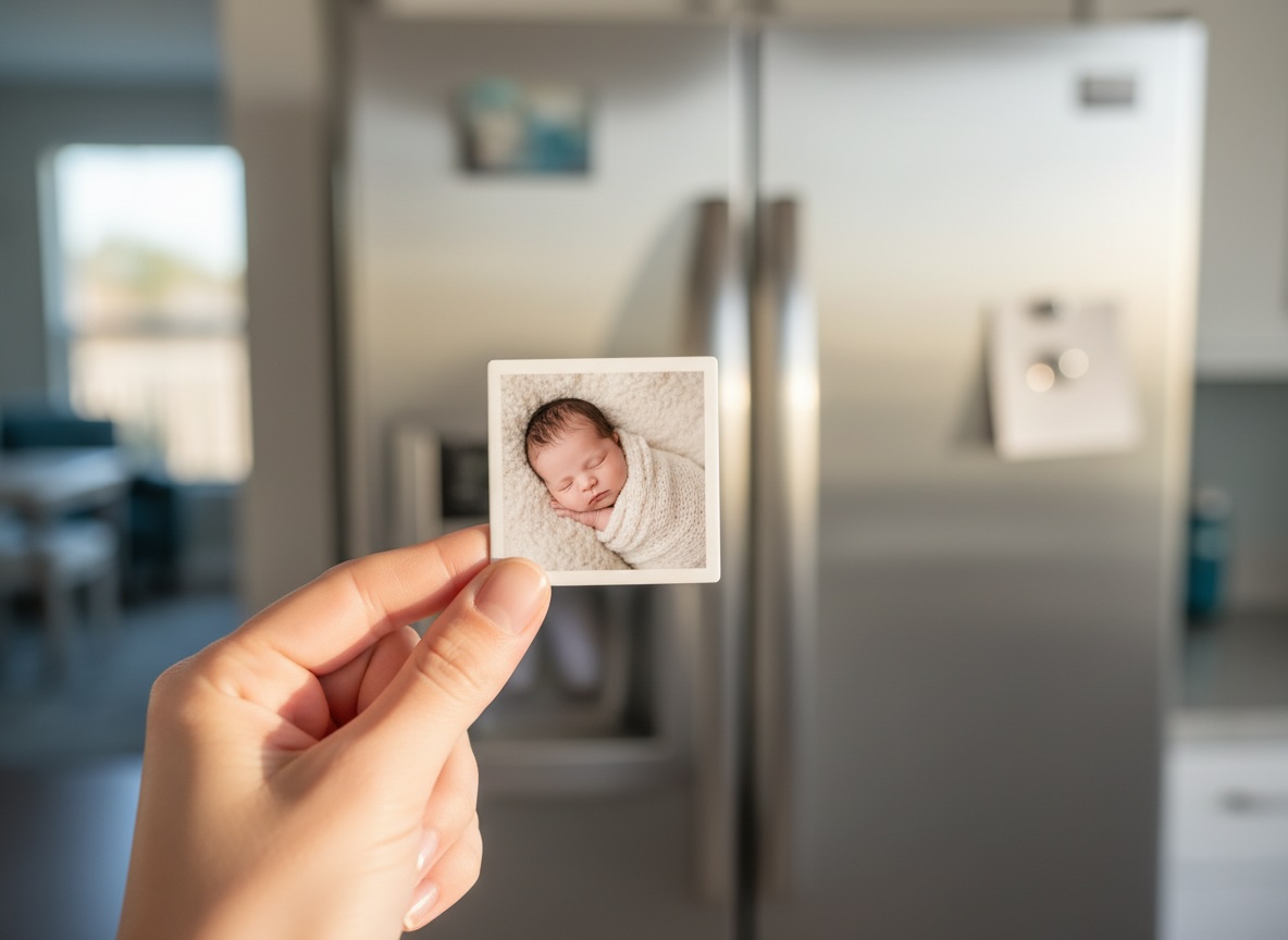 A hand holding a 2-inch square photo magnet of a sleeping newborn against a defocused stainless steel refrigerator.