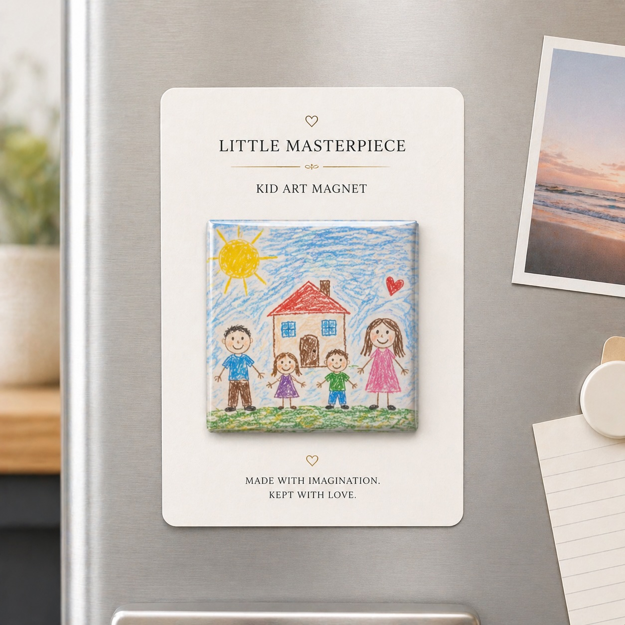 A 2-inch square photo magnet showing a child's crayon drawing.