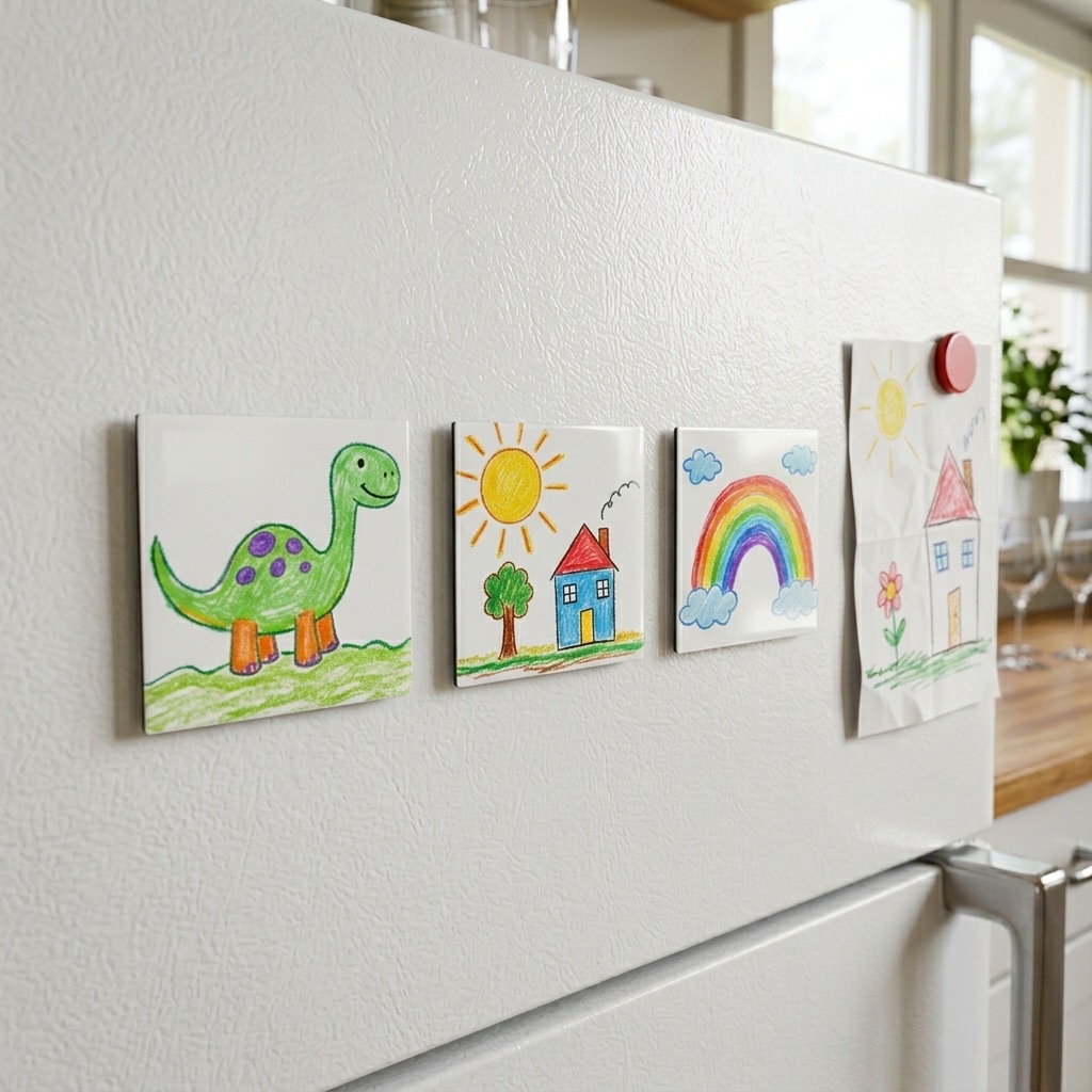A child's crayon drawing of a house and family on paper, placed next to beautiful, glossy, 2-inch square custom photo magnets of the same drawing on a white kitchen refrigerator.