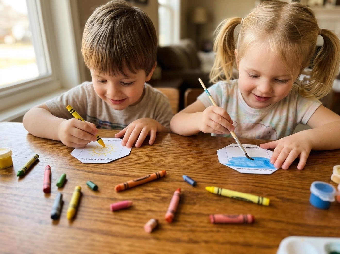 Two young children at a wooden craft table coloring blank 2-inch magnet templates with crayons and paint.