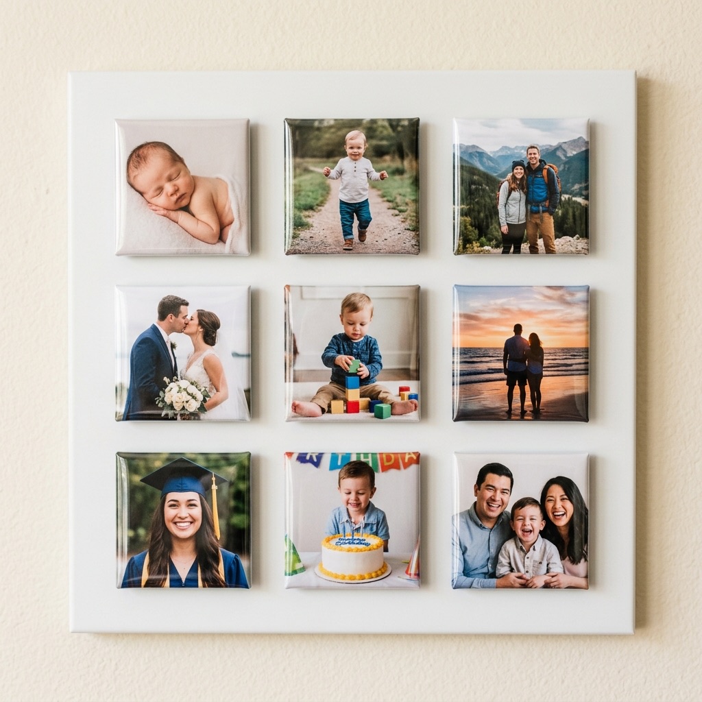 An aesthetic matte white magnetic board on a neutral wall showcasing a grid of nine custom glossy photo magnets telling a family's memory timeline.