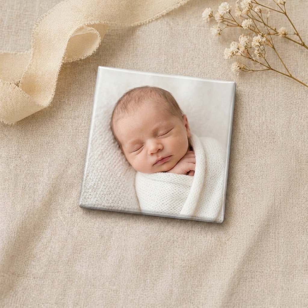 A custom photo magnet displaying a close-up of a newborn baby's tiny hand.