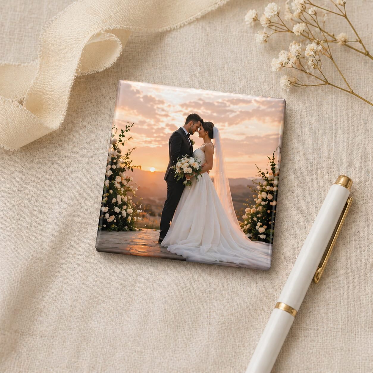 A flat-lay arrangement of 2-inch square photo magnets featuring family snapshots, on a soft linen surface with a satin ribbon.