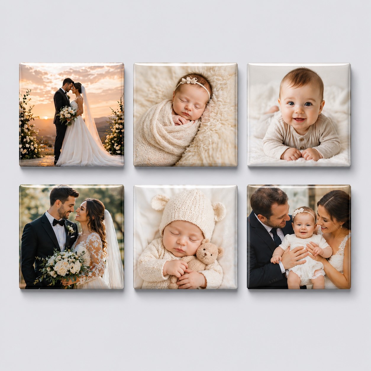 Four polaroid-style photo magnets featuring wedding moments, arranged on a warm cream surface.