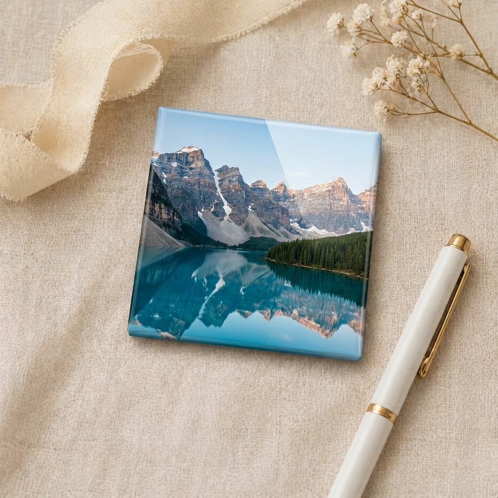 A custom photo magnet capturing a travel adventure memory.