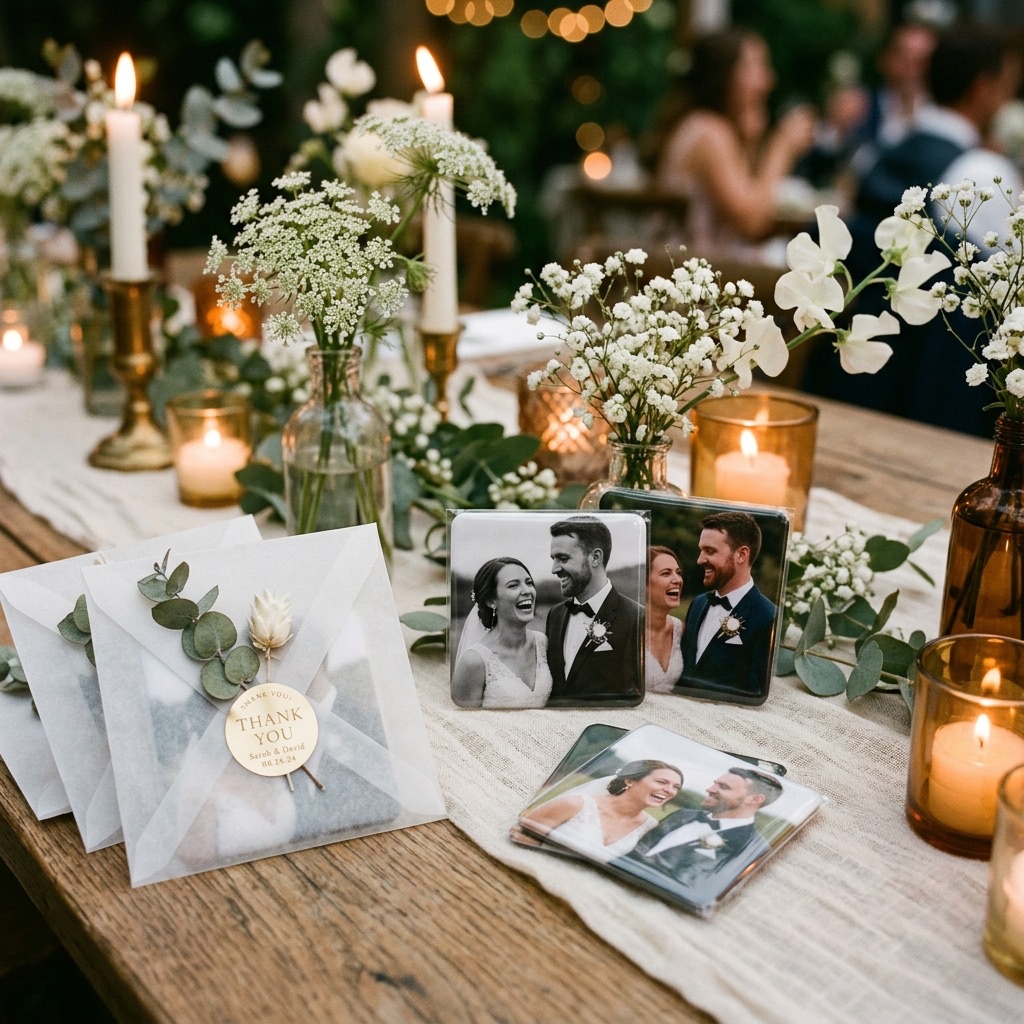 A rustic wedding table showing custom 2-inch square photo magnets of a bride and groom, with some magnets neatly tucked into translucent glassine envelopes sealed with green eucalyptus leaves and gold foil.